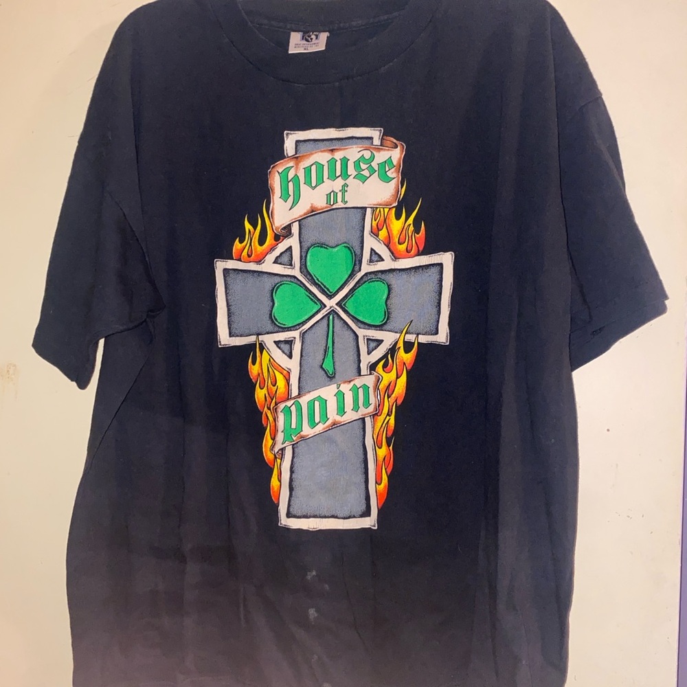 Black Graphic Tee with Cross and Flames
